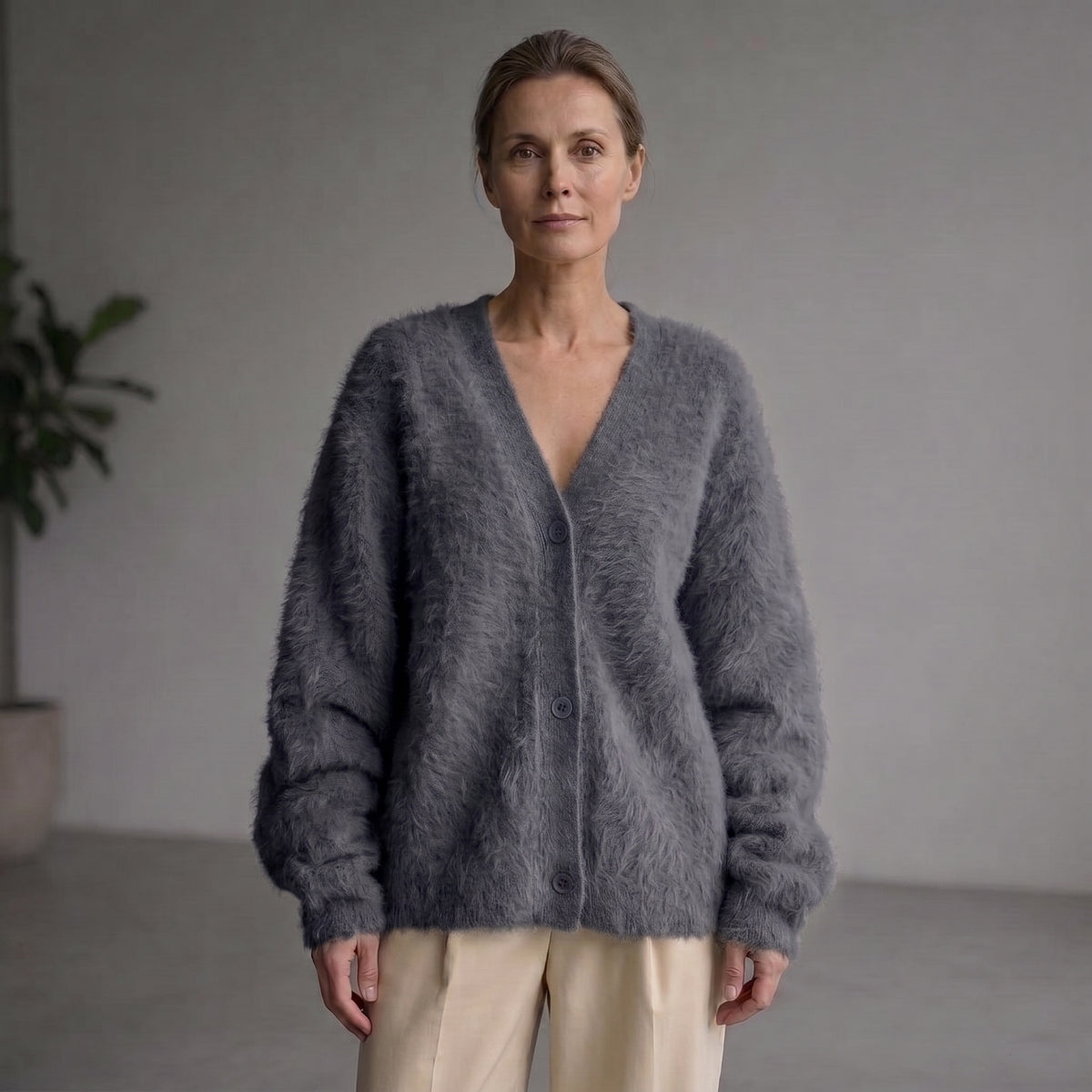 V-Neck Cardigan with Ribbed Cuffs for Women