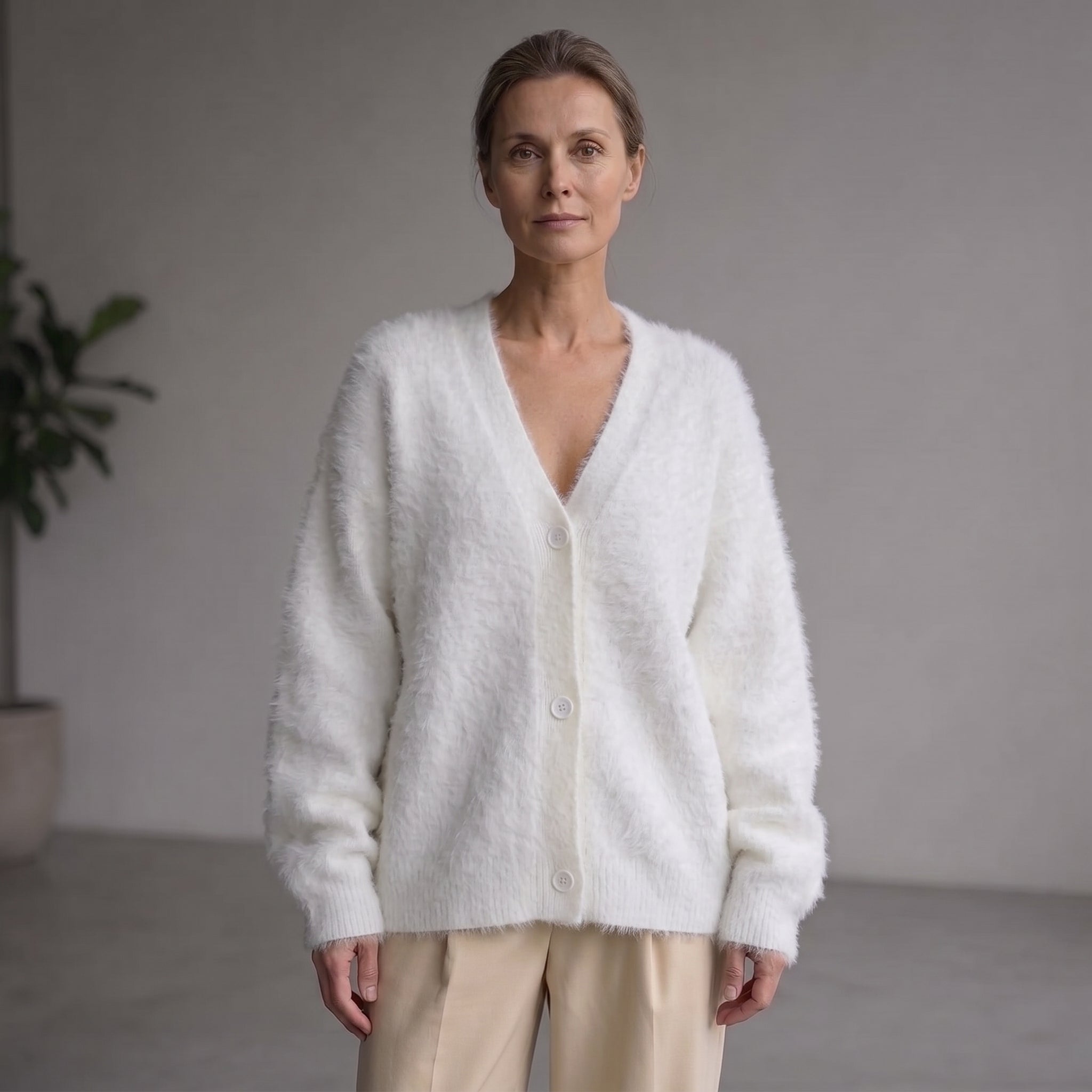 V-Neck Cardigan with Ribbed Cuffs for Women