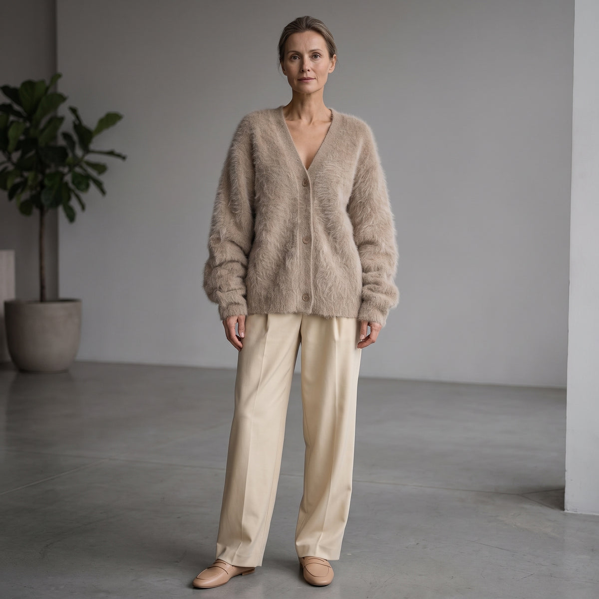 V-Neck Cardigan with Ribbed Cuffs for Women