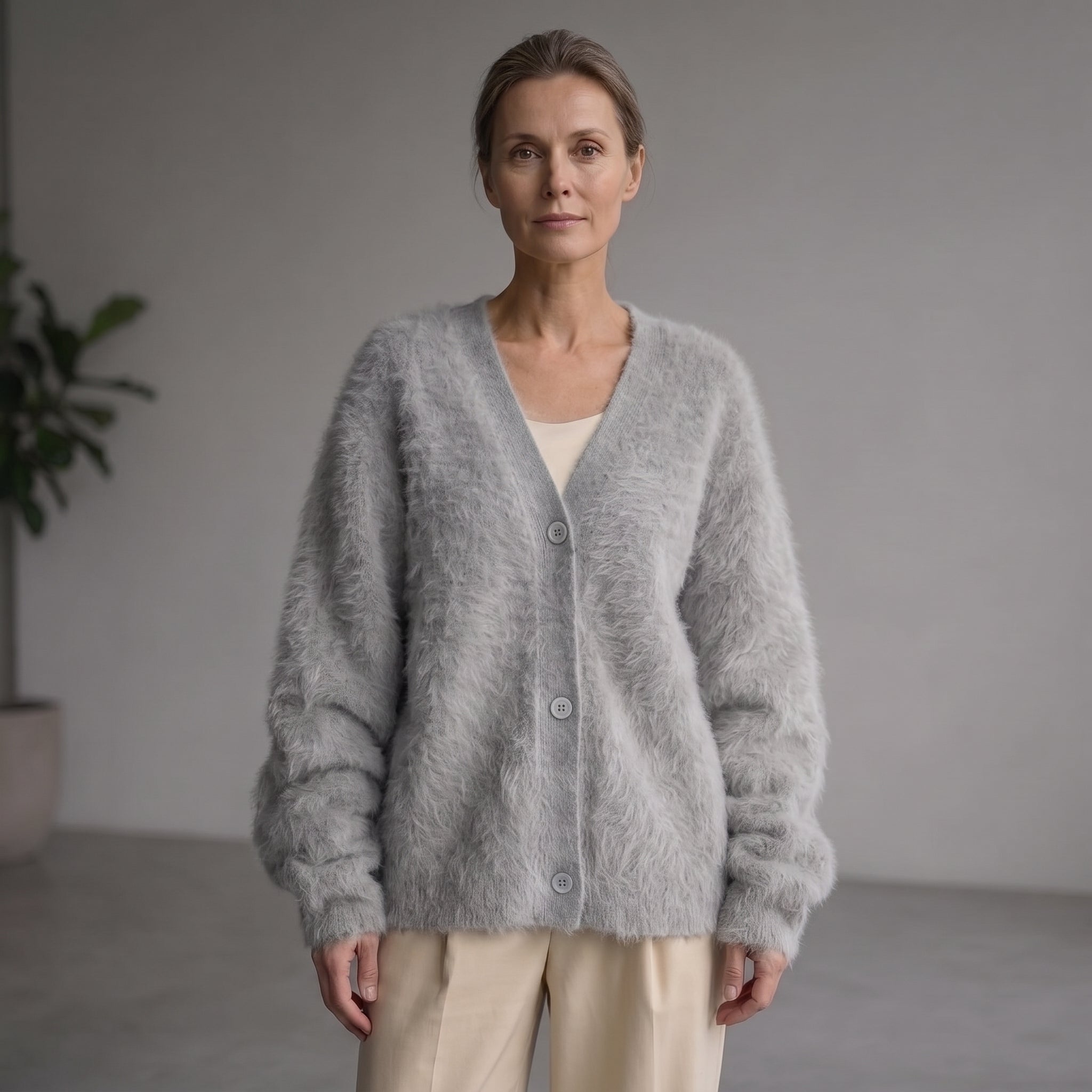 V-Neck Cardigan with Ribbed Cuffs for Women