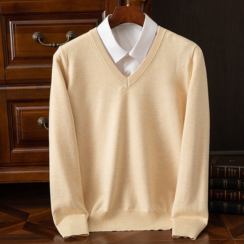 V Neck Fine Knit Jumper with Ribbed Trim for Mens