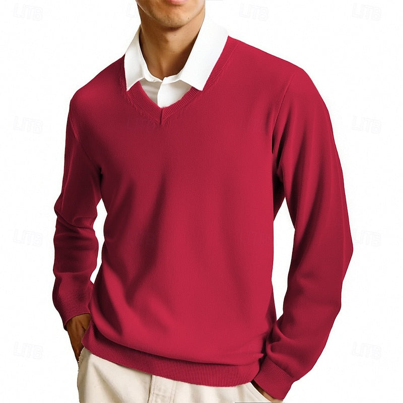 V Neck Fine Knit Jumper with Ribbed Trim for Mens