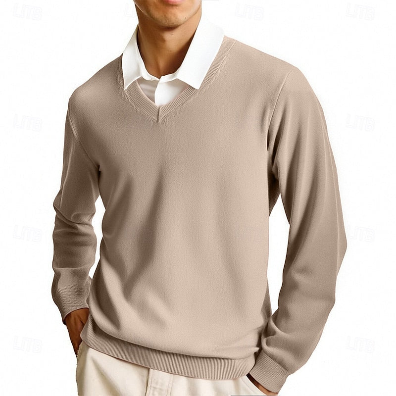 V Neck Fine Knit Jumper with Ribbed Trim for Mens