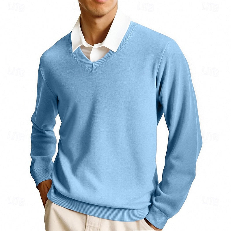 V Neck Fine Knit Jumper with Ribbed Trim for Mens