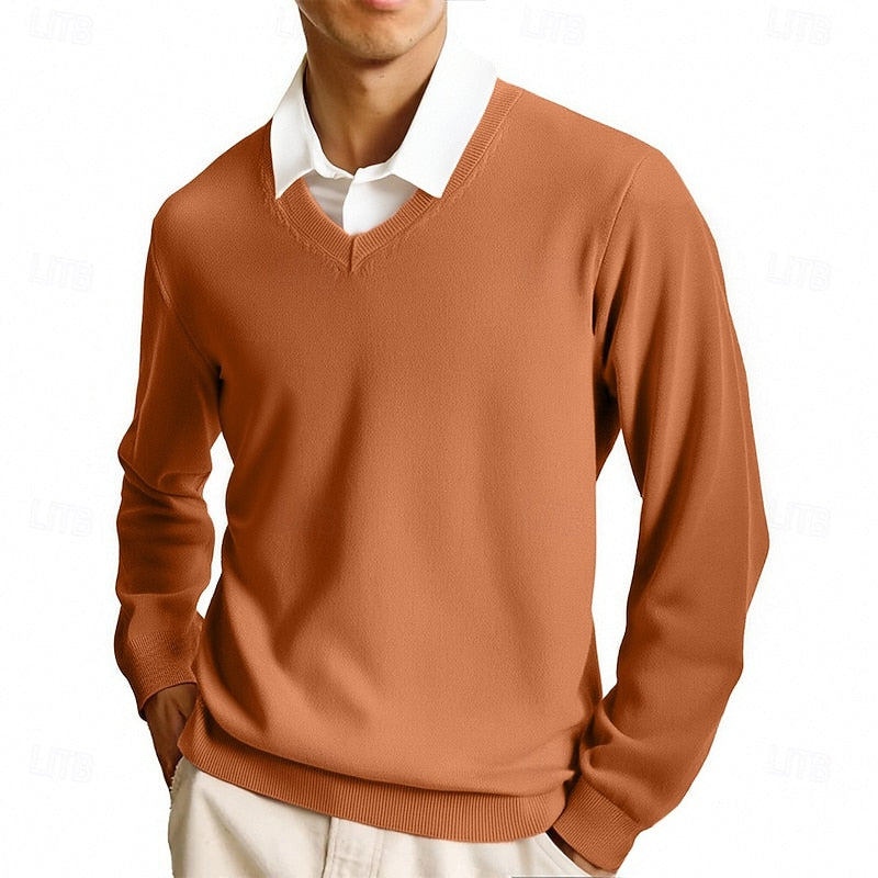 V Neck Fine Knit Jumper with Ribbed Trim for Mens