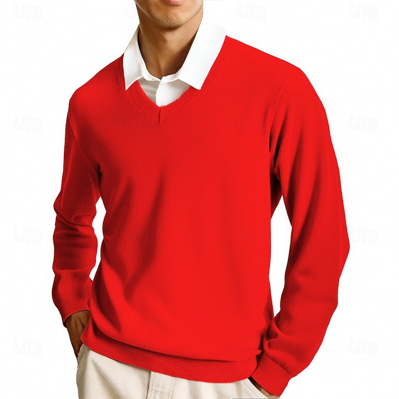 V Neck Fine Knit Jumper with Ribbed Trim for Mens