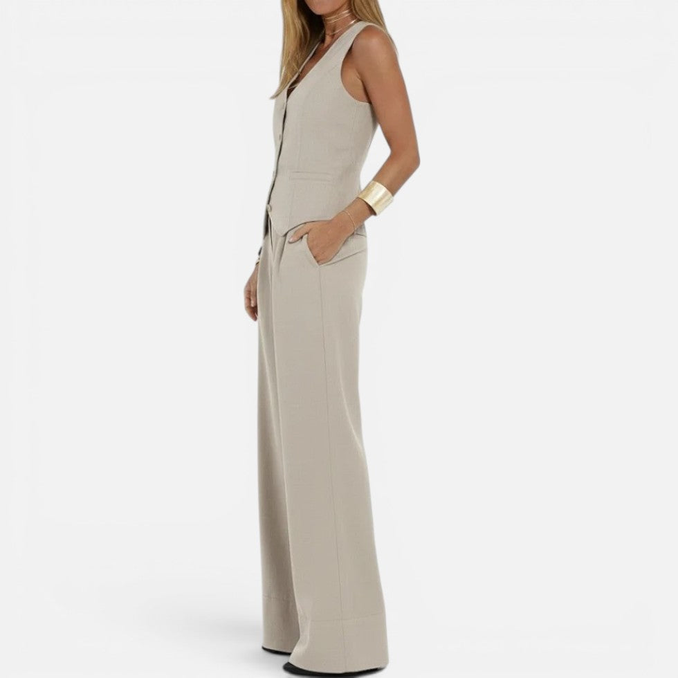 V Neck Waistcoat and Wide Leg Trouser Set for women