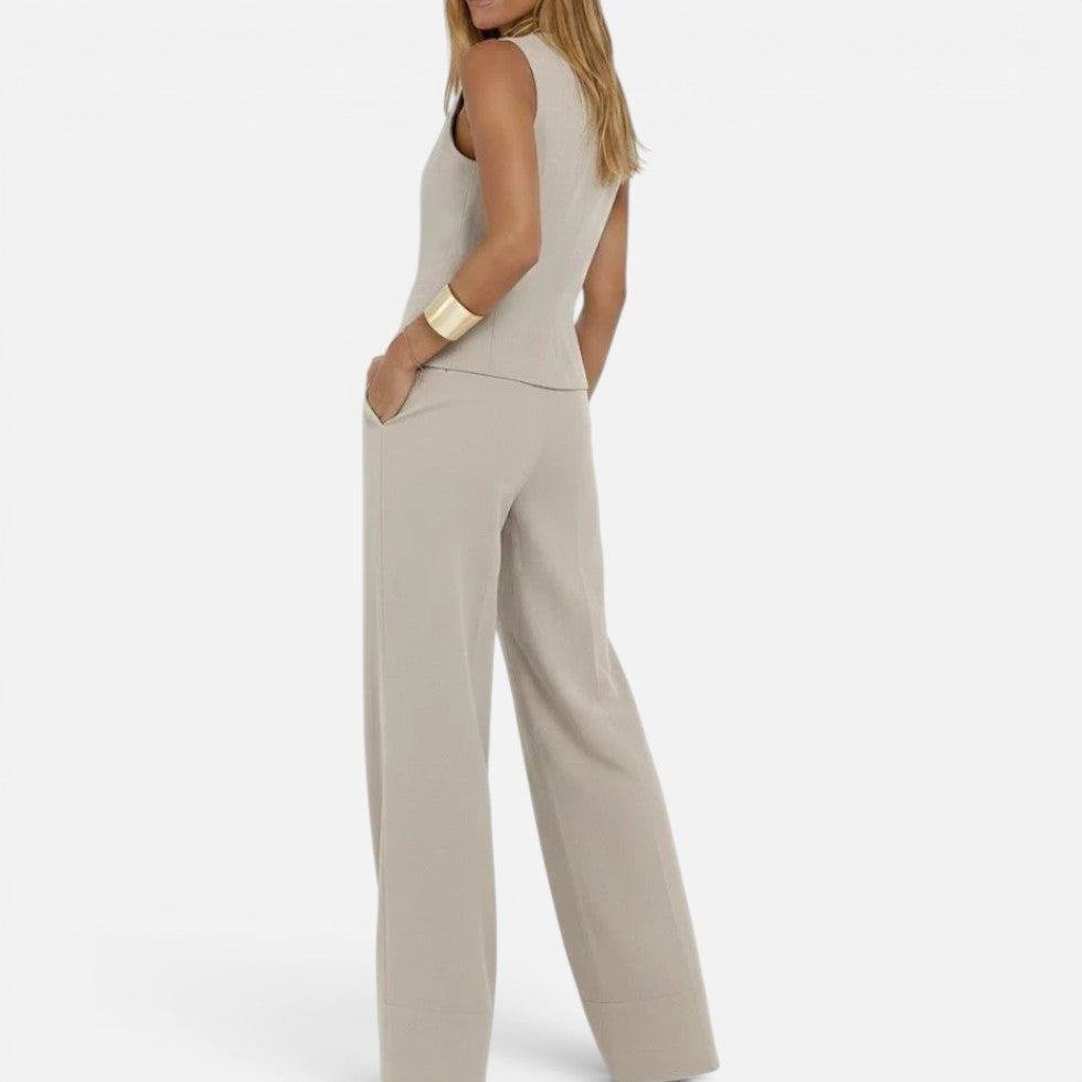 V Neck Waistcoat and Wide Leg Trouser Set for women