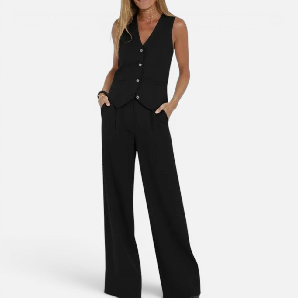 V Neck Waistcoat and Wide Leg Trouser Set for women