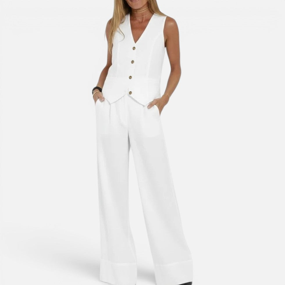 V Neck Waistcoat and Wide Leg Trouser Set for women