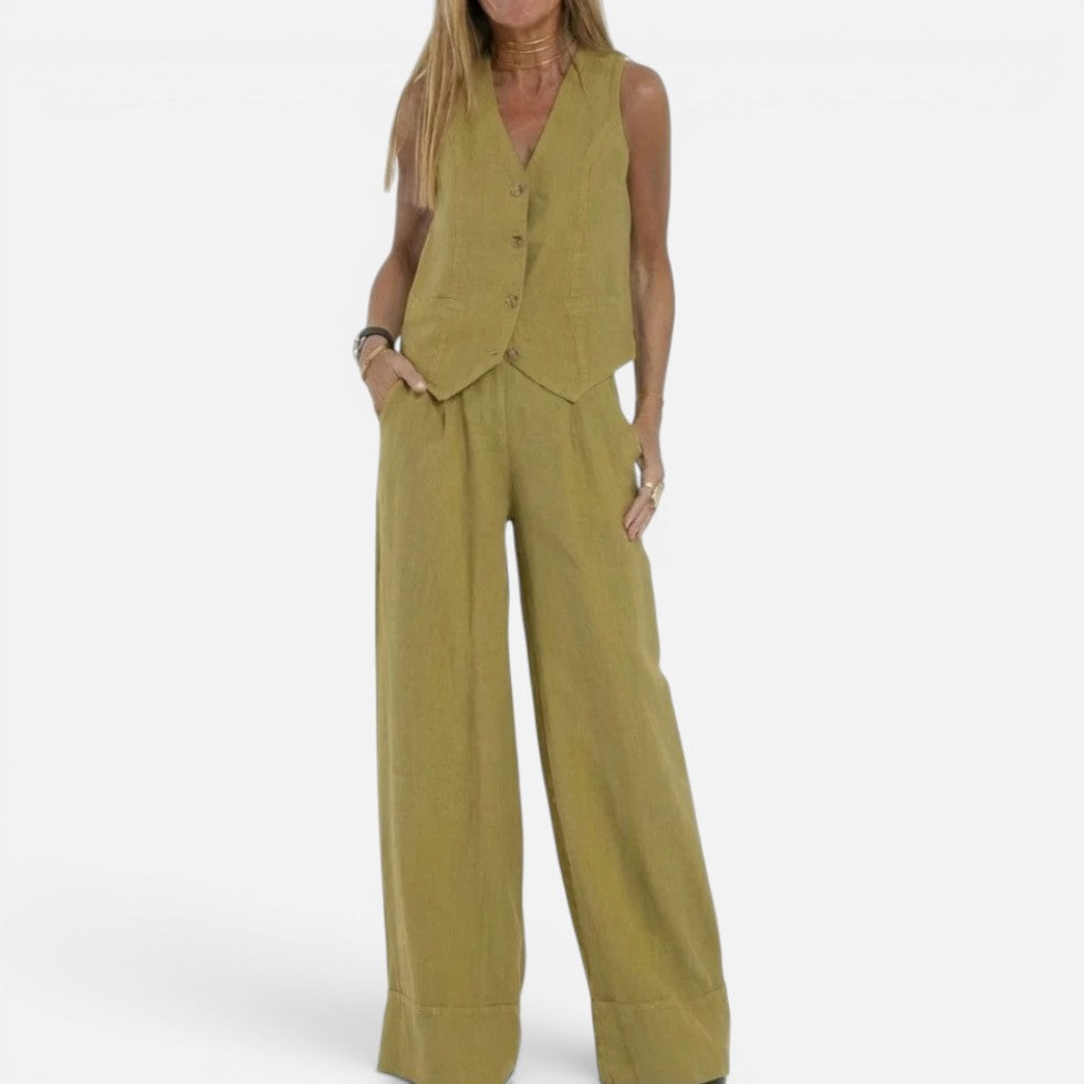 V Neck Waistcoat and Wide Leg Trouser Set for women
