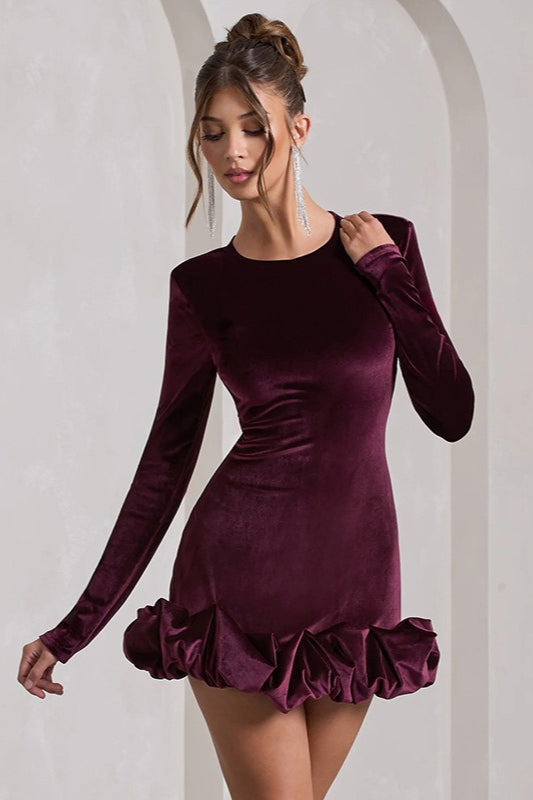 Velvet Mini Dress with Pleated Hem and Sleeves for Women