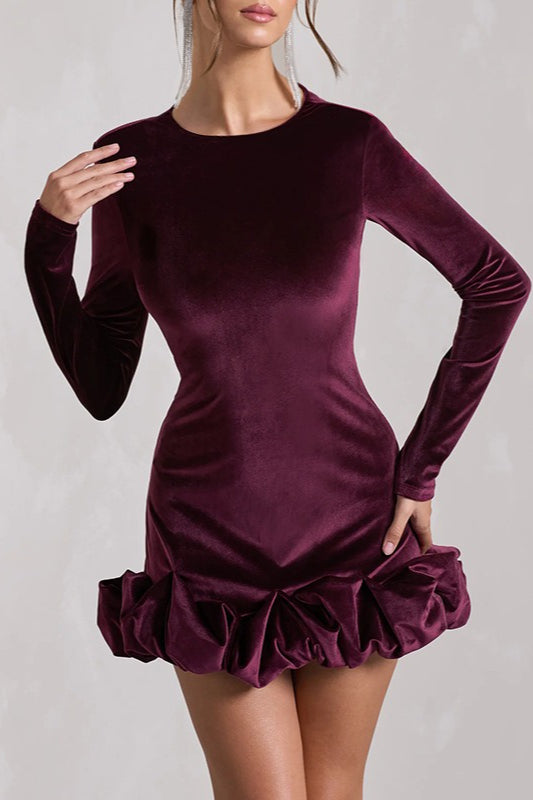 Velvet Mini Dress with Pleated Hem and Sleeves for Women