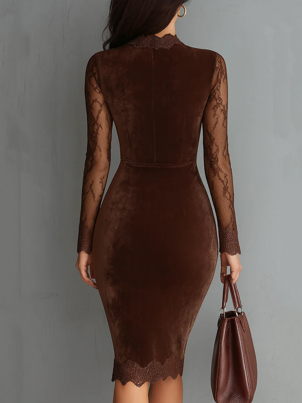 Velvet Mini Dress with Semi-Sheer Lace Sleeves for Women