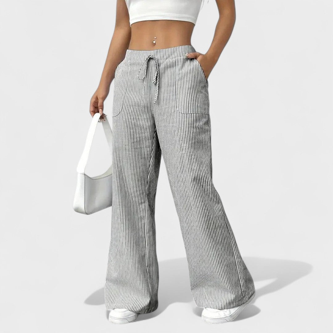 Vertical Stripe Wide-Leg Trousers with Drawstring Waistband for Women