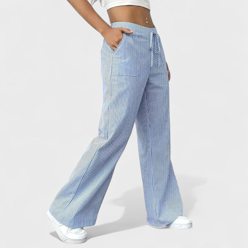 Vertical Stripe Wide-Leg Trousers with Drawstring Waistband for Women