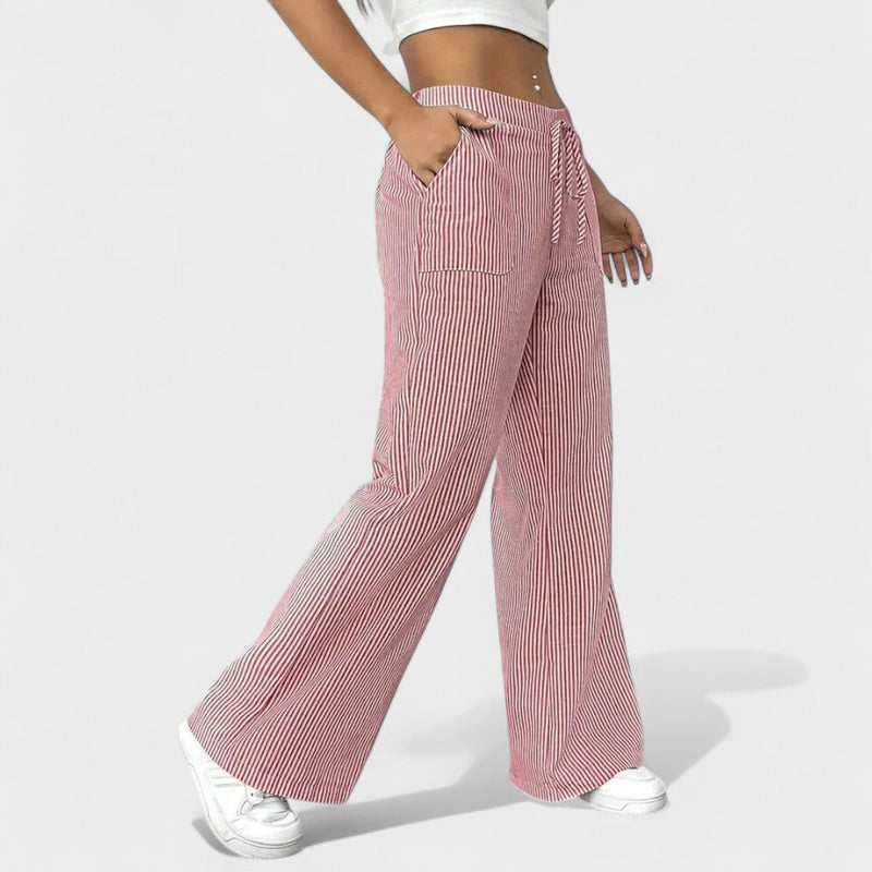 Vertical Stripe Wide-Leg Trousers with Drawstring Waistband for Women