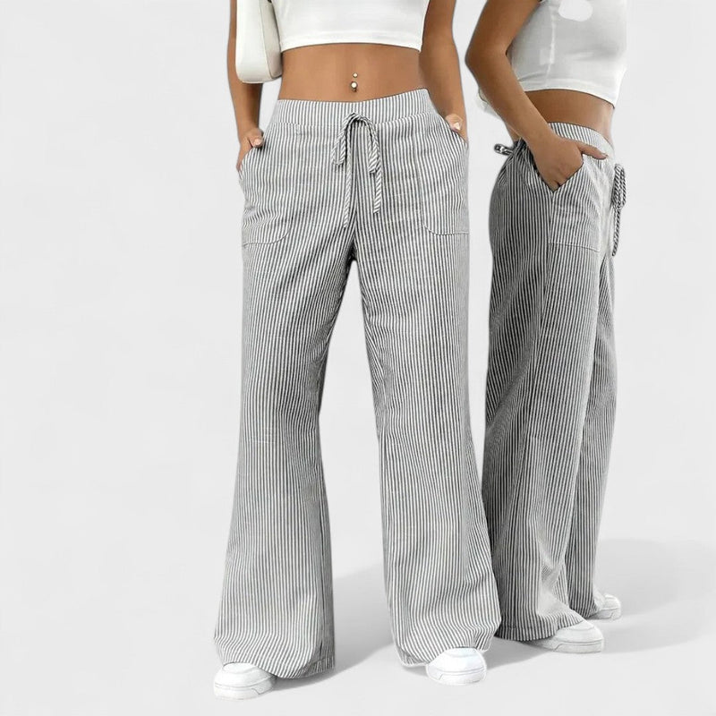 Vertical Stripe Wide-Leg Trousers with Drawstring Waistband for Women