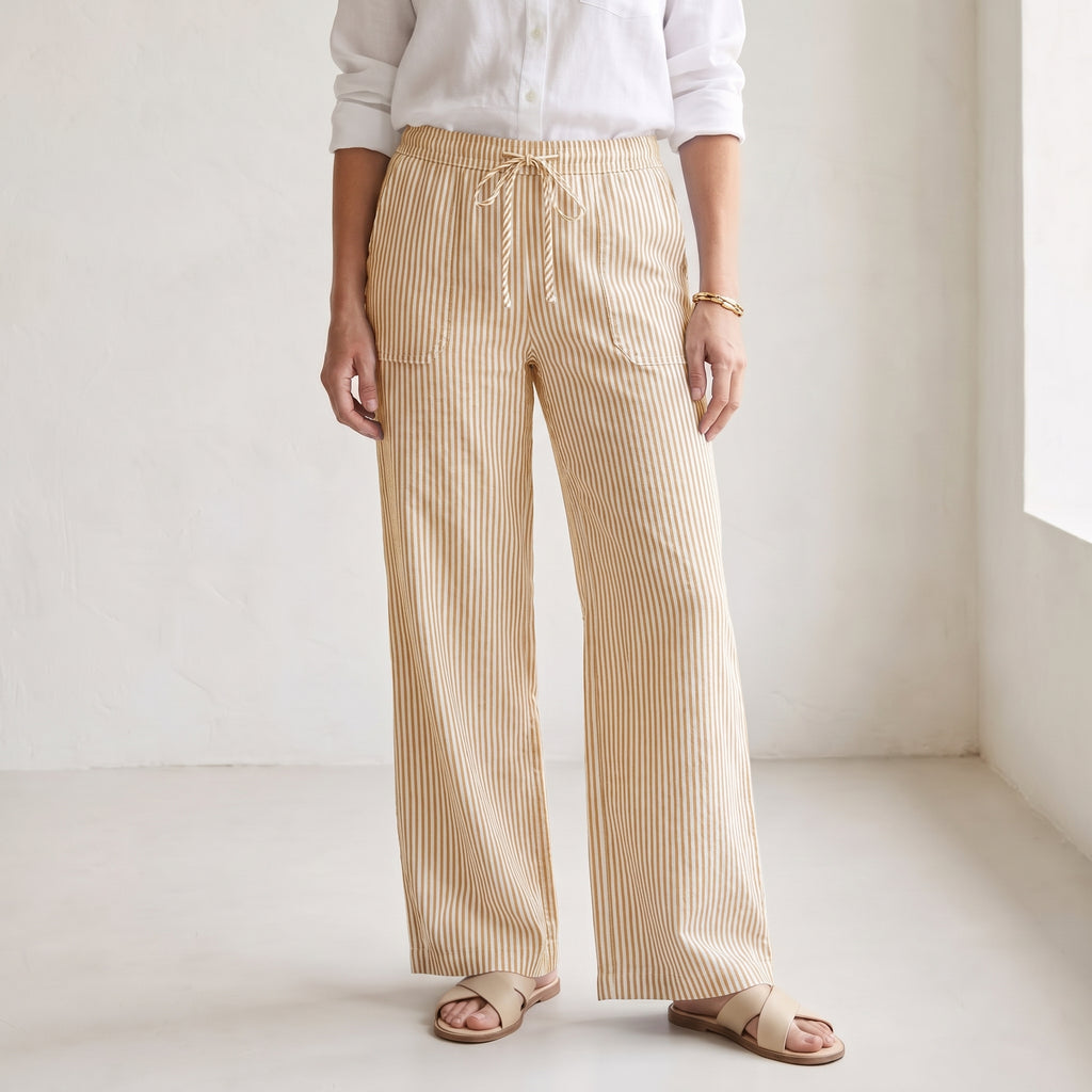 Vertical Stripe Wide-Leg Trousers with Drawstring Waistband for Women