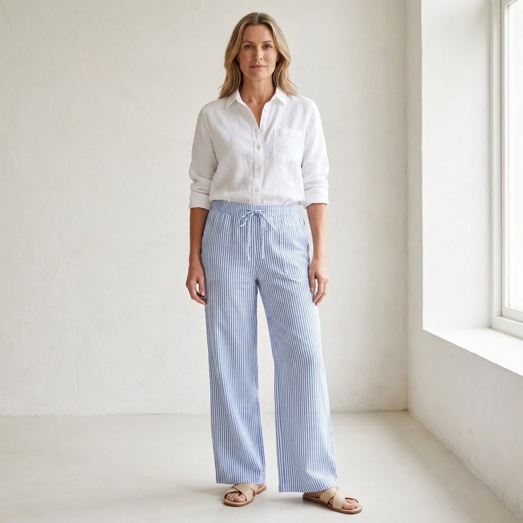 Vertical Stripe Wide-Leg Trousers with Drawstring Waistband for Women