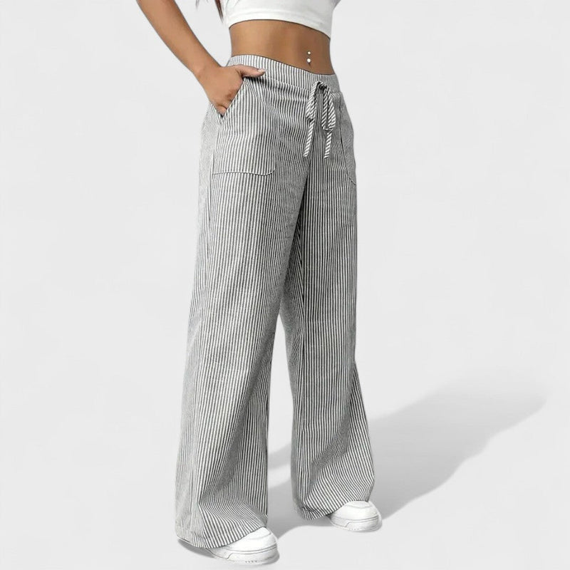 Vertical Stripe Wide-Leg Trousers with Drawstring Waistband for Women