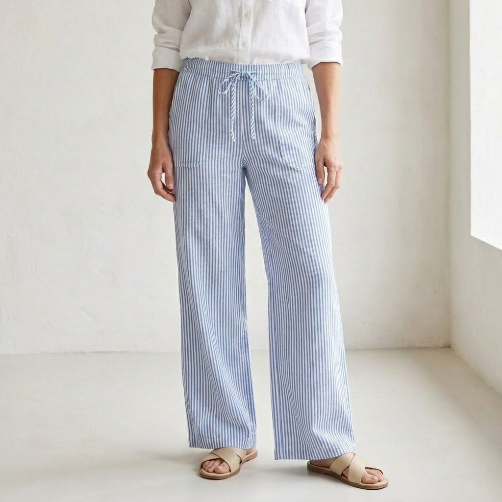 Vertical Stripe Wide-Leg Trousers with Drawstring Waistband for Women