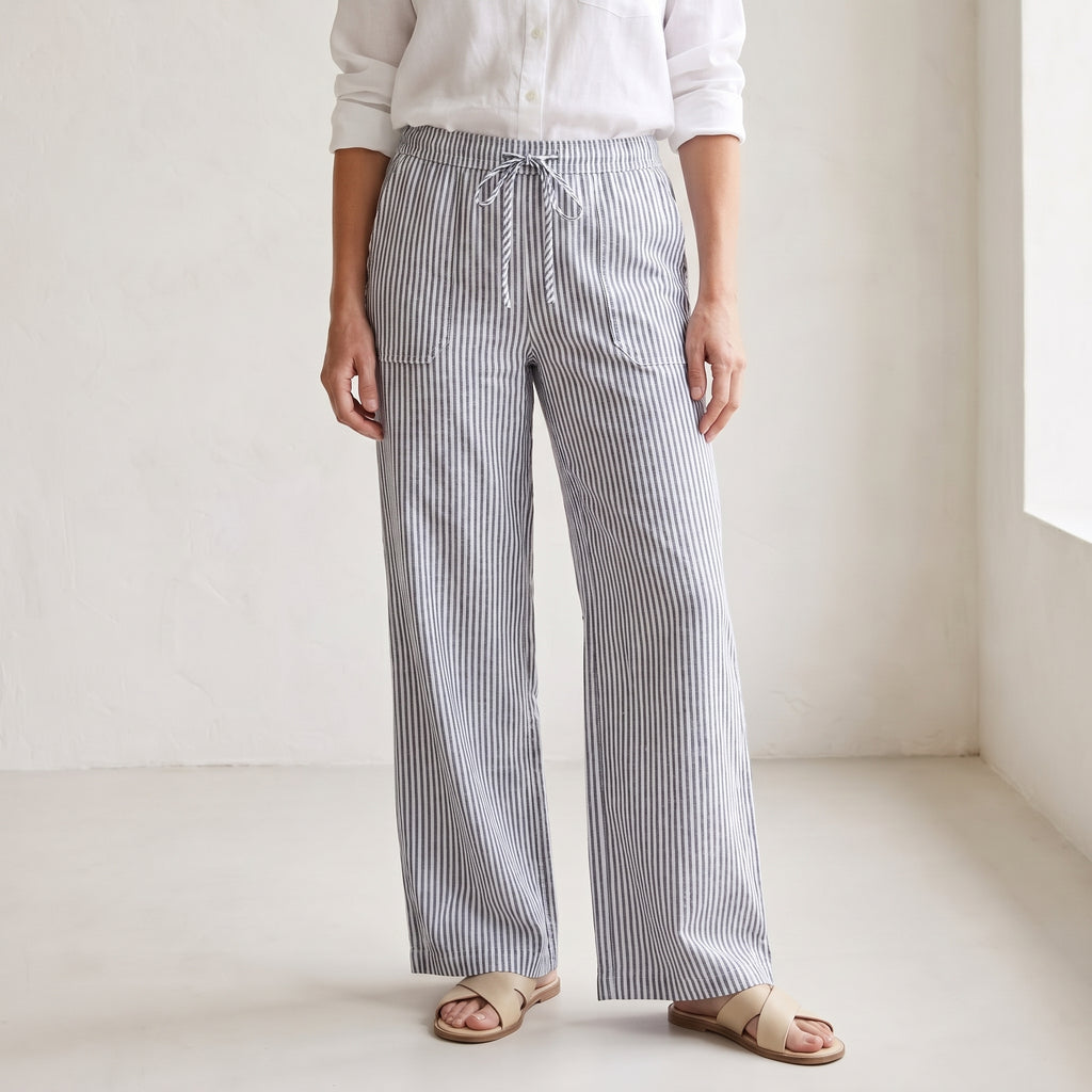 Vertical Stripe Wide-Leg Trousers with Drawstring Waistband for Women