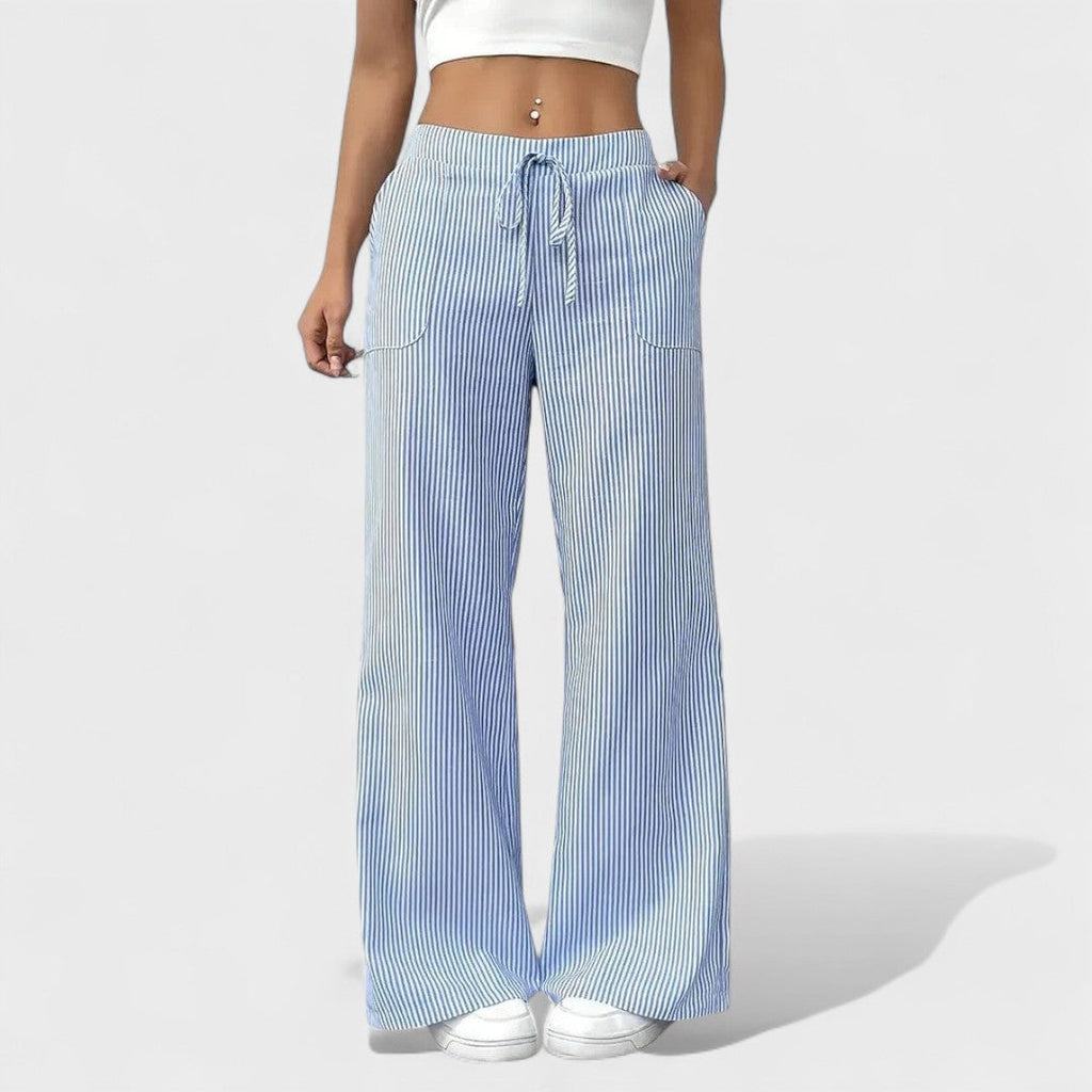 Vertical Stripe Wide-Leg Trousers with Drawstring Waistband for Women