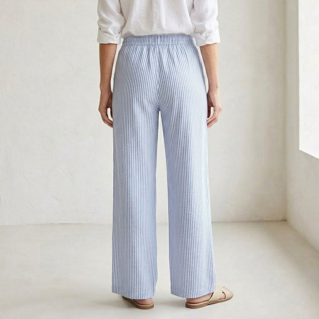 Vertical Stripe Wide-Leg Trousers with Drawstring Waistband for Women