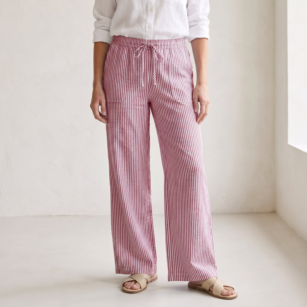 Vertical Stripe Wide-Leg Trousers with Drawstring Waistband for Women