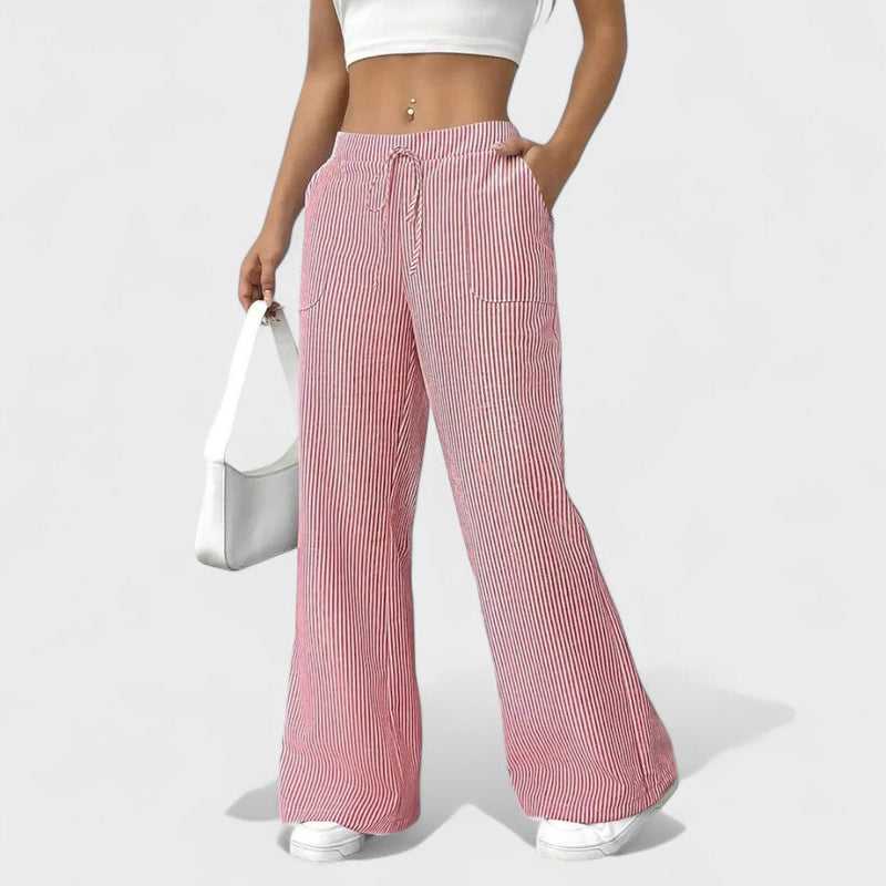 Vertical Stripe Wide-Leg Trousers with Drawstring Waistband for Women
