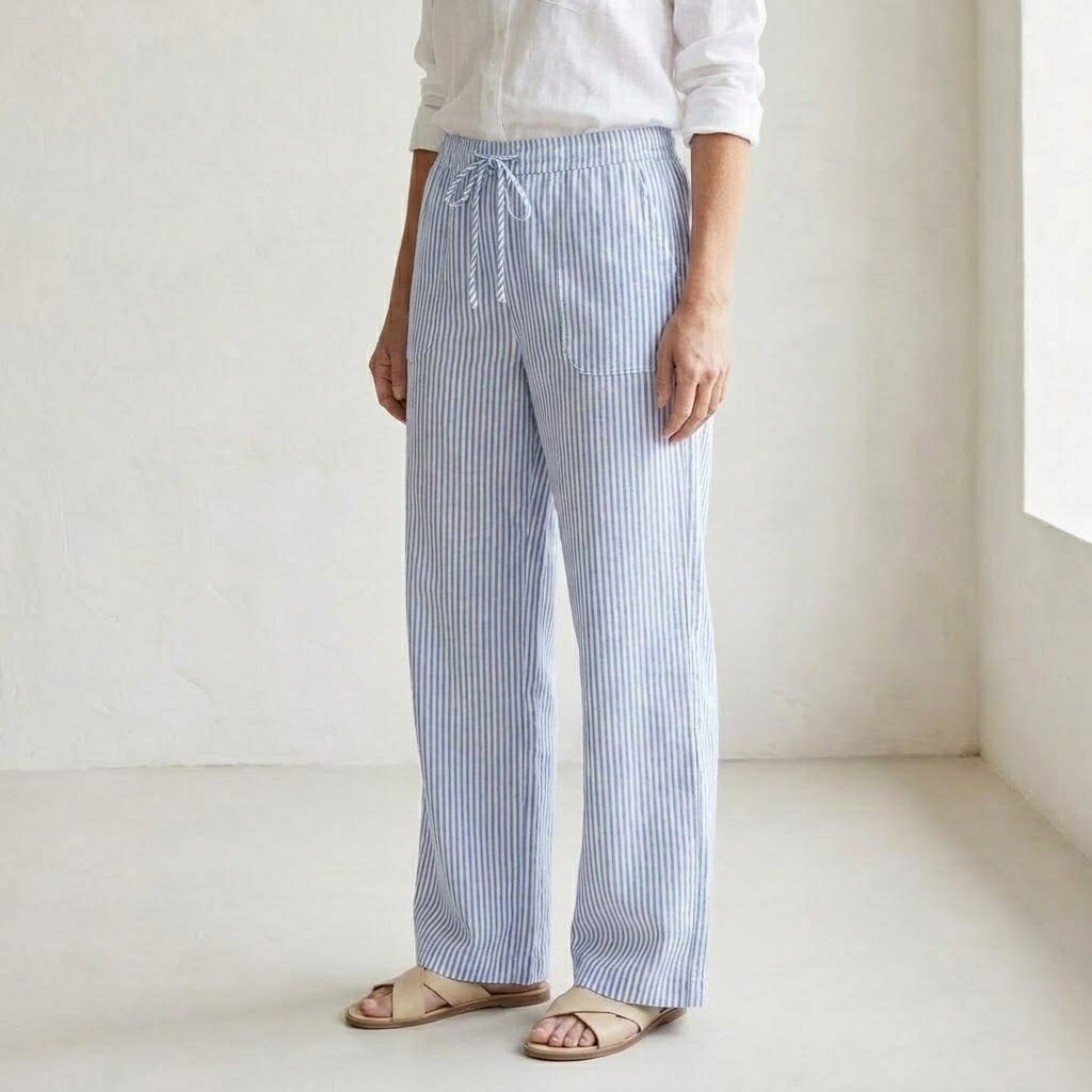 Vertical Stripe Wide-Leg Trousers with Drawstring Waistband for Women