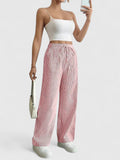 Vertical Stripe Wide-Leg Trousers with Drawstring Waistband for Women