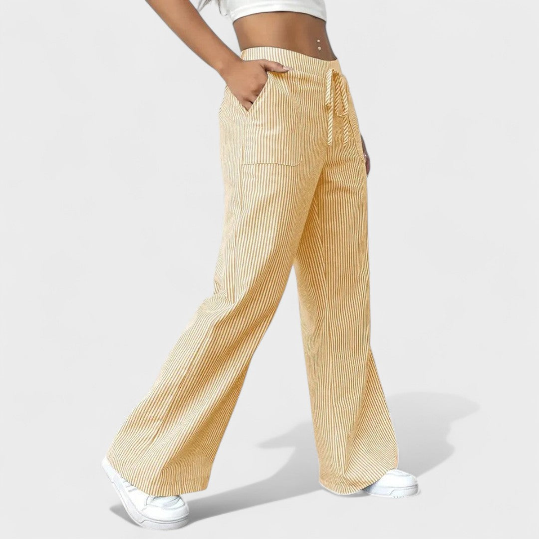 Vertical Stripe Wide-Leg Trousers with Drawstring Waistband for Women