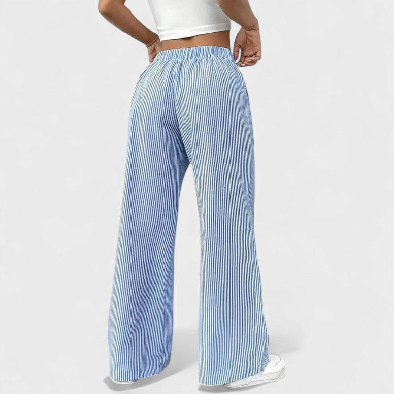 Vertical Stripe Wide-Leg Trousers with Drawstring Waistband for Women
