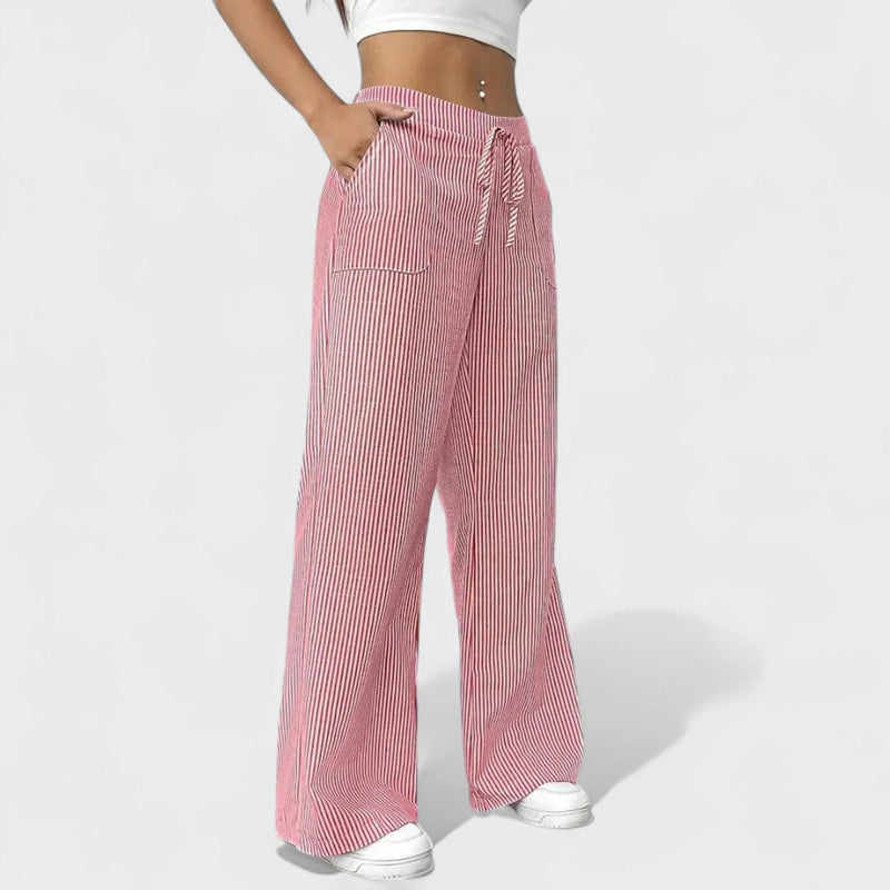 Vertical Stripe Wide-Leg Trousers with Drawstring Waistband for Women
