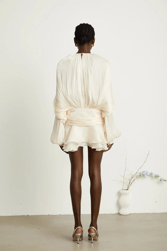 Voluminous Sleeve Short Evening Dress with Tie Belt for Women