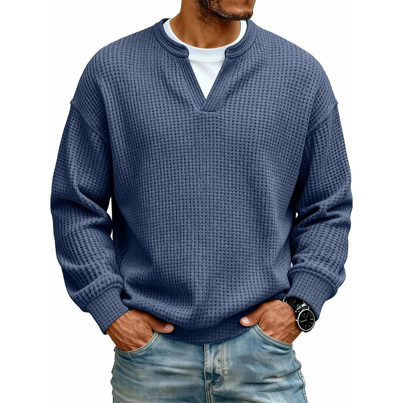 Waffle Knit Long Sleeve Jumper with Notch Neck for Mens