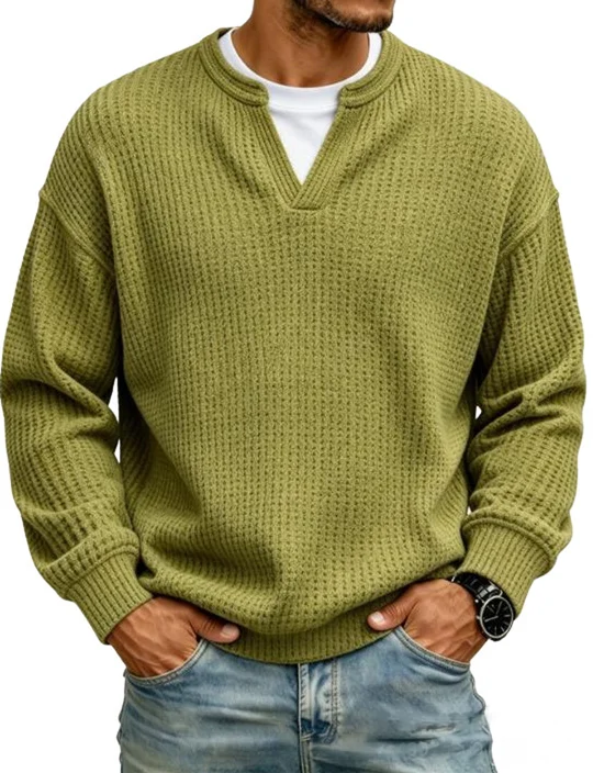 Waffle Knit Long Sleeve Jumper with Notch Neck for Mens