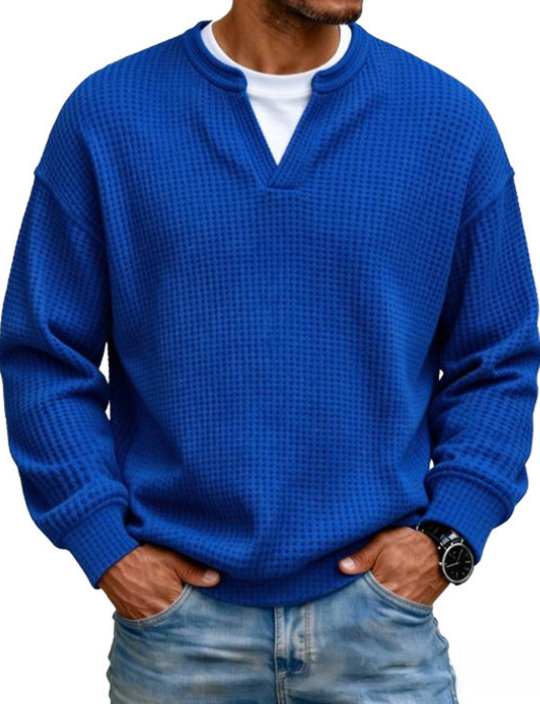 Waffle Knit Long Sleeve Jumper with Notch Neck for Mens