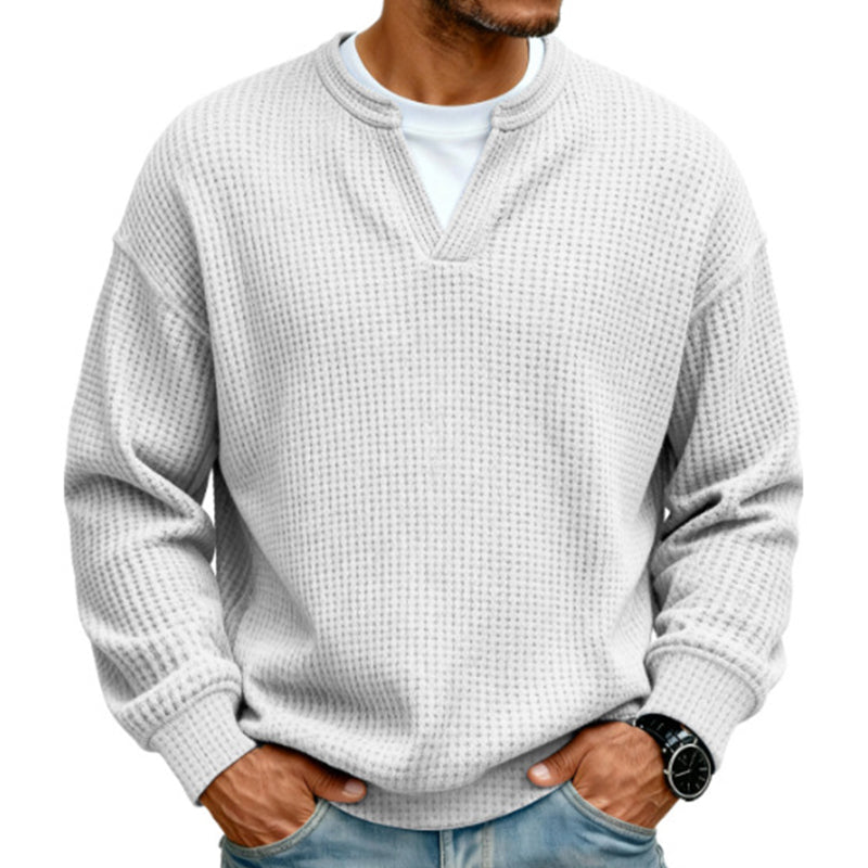 Waffle Knit Long Sleeve Jumper with Notch Neck for Mens