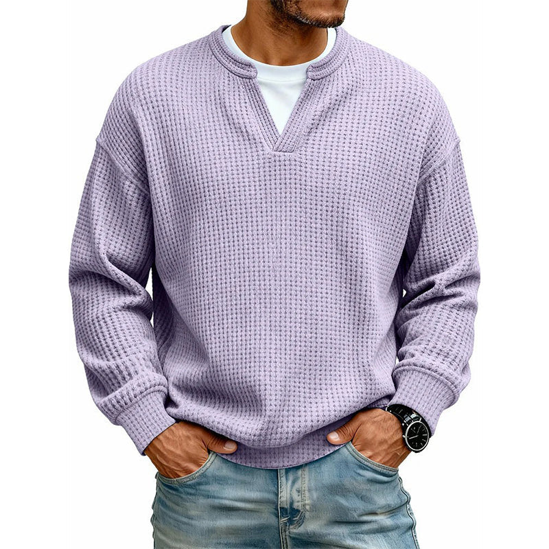 Waffle Knit Long Sleeve Jumper with Notch Neck for Mens
