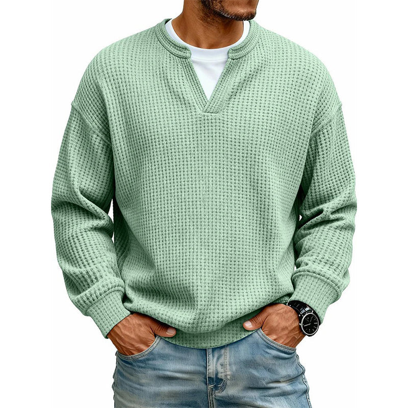 Waffle Knit Long Sleeve Jumper with Notch Neck for Mens