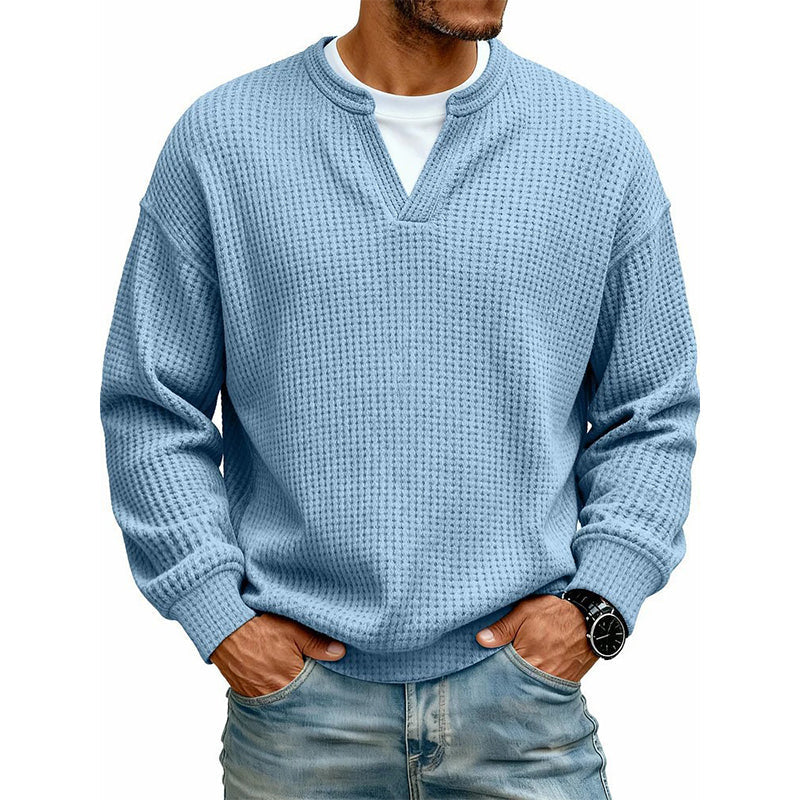 Waffle Knit Long Sleeve Jumper with Notch Neck for Mens