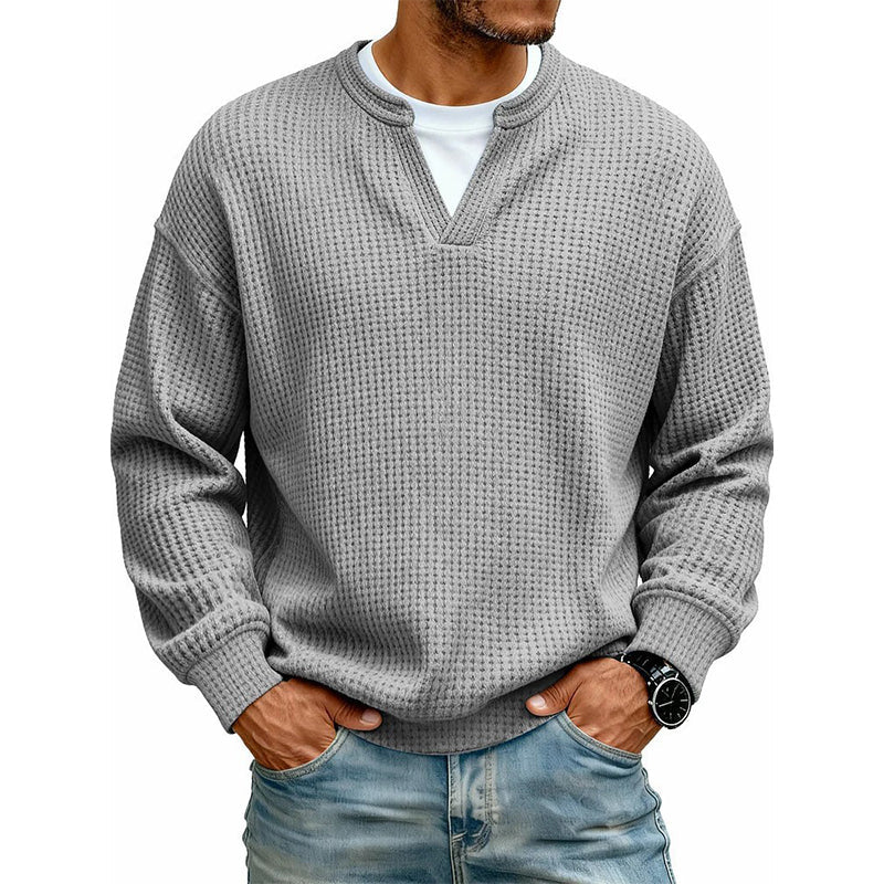 Waffle Knit Long Sleeve Jumper with Notch Neck for Mens