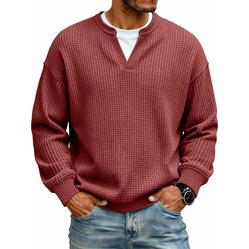 Waffle Knit Long Sleeve Jumper with Notch Neck for Mens