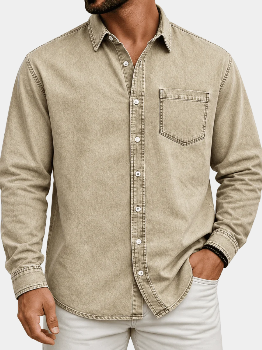 Washed Denim Button Up Shirt with Chest Pocket for Mens