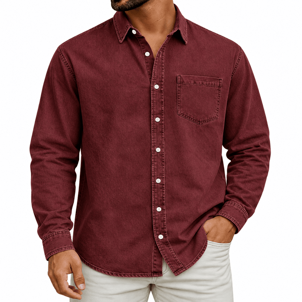 Washed Denim Button Up Shirt with Chest Pocket for Mens