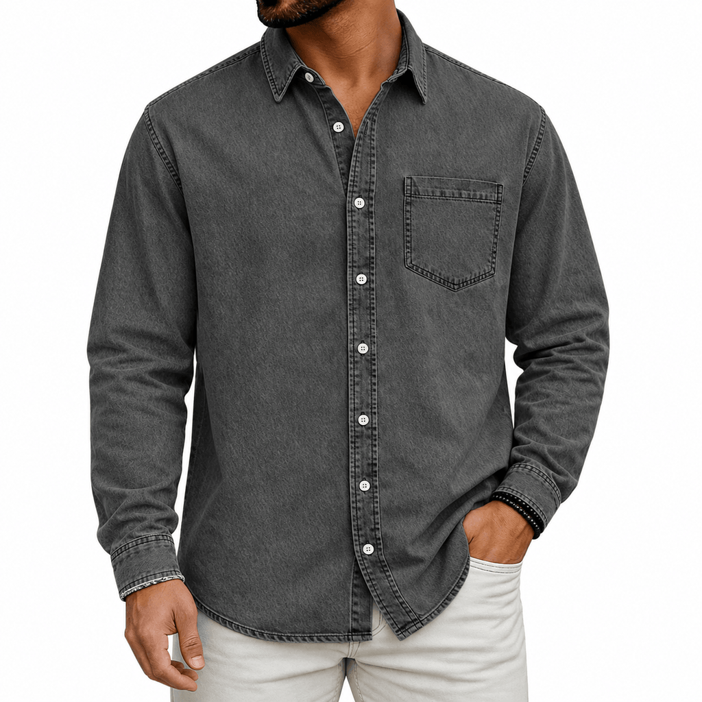 Washed Denim Button Up Shirt with Chest Pocket for Mens