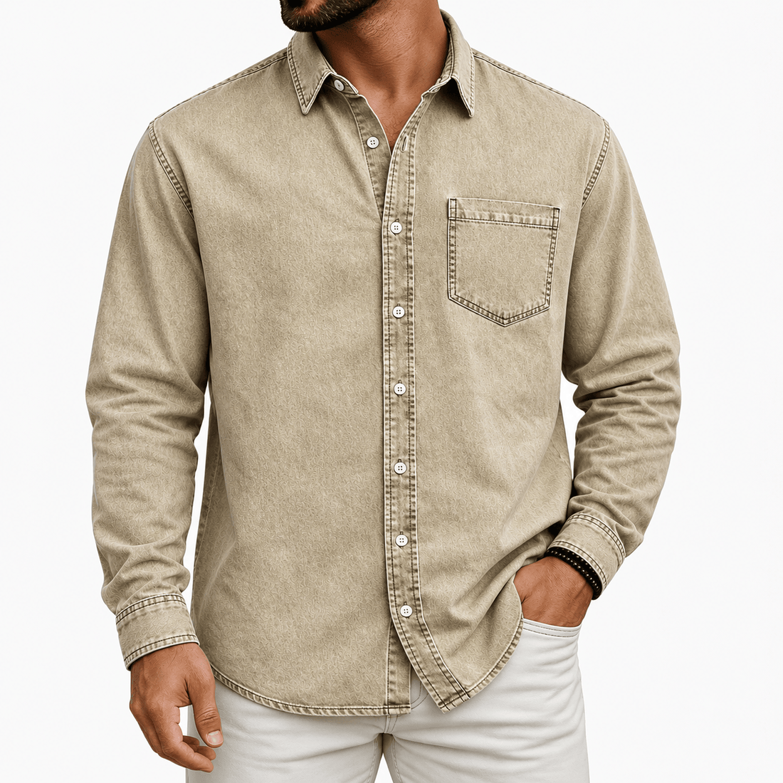 Washed Denim Button Up Shirt with Chest Pocket for Mens